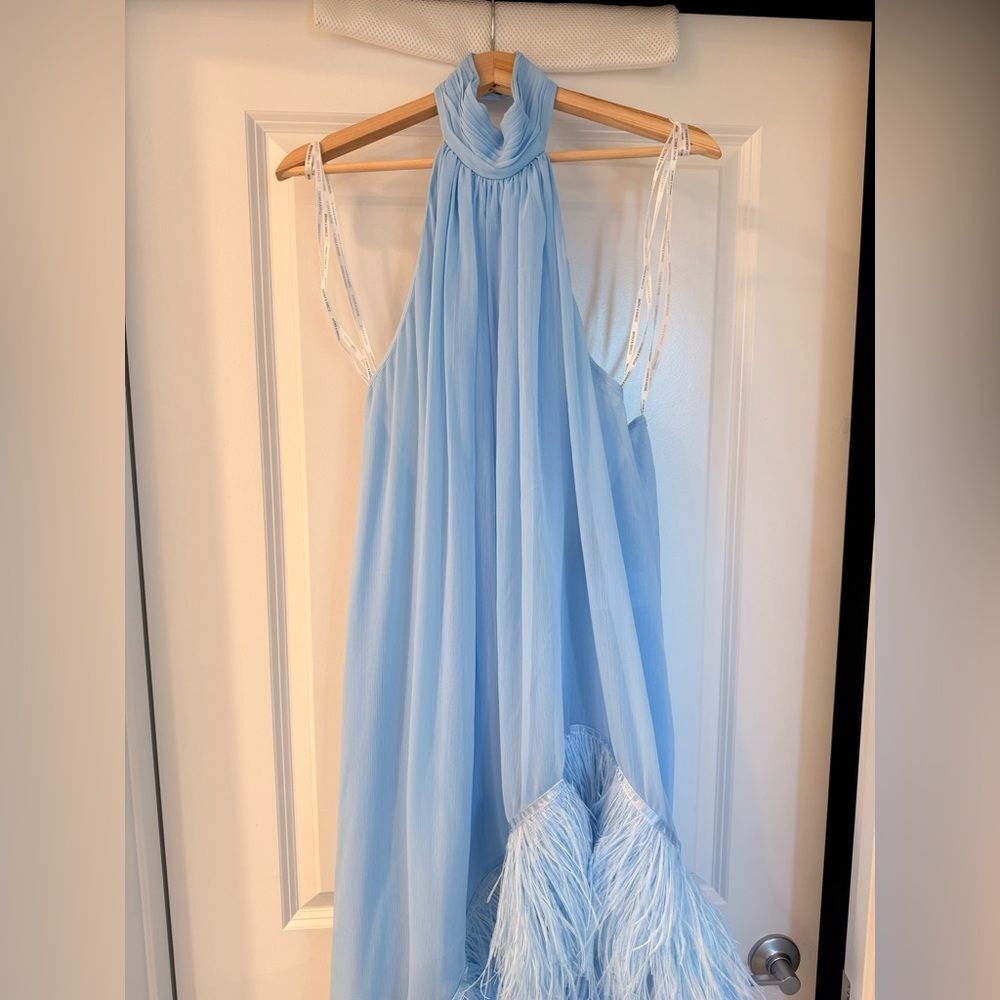 NEW BRONX AND BANCO Madeline Halterneck Gown in Powder Blue Feathered Gown - Picture 8 of 15